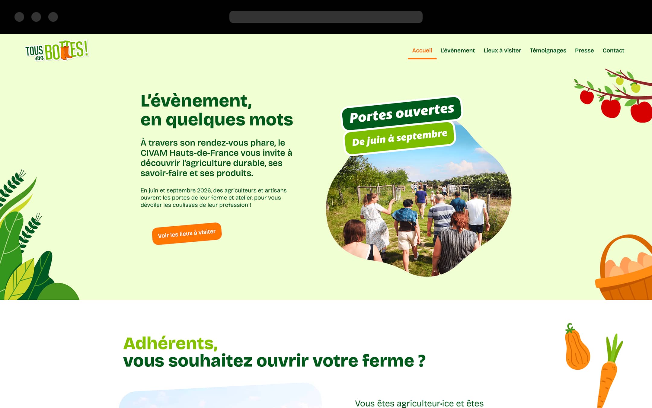 Maquette de site internet pour un évènement associatif de portes ouvertes dans des fermes locales